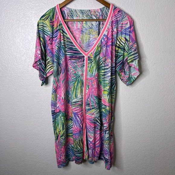 Lilly Pulitzer Scarlet Macaw Bonita Coverup V-Neck Cotton Tee Dress Size Large - Picture 2 of 10